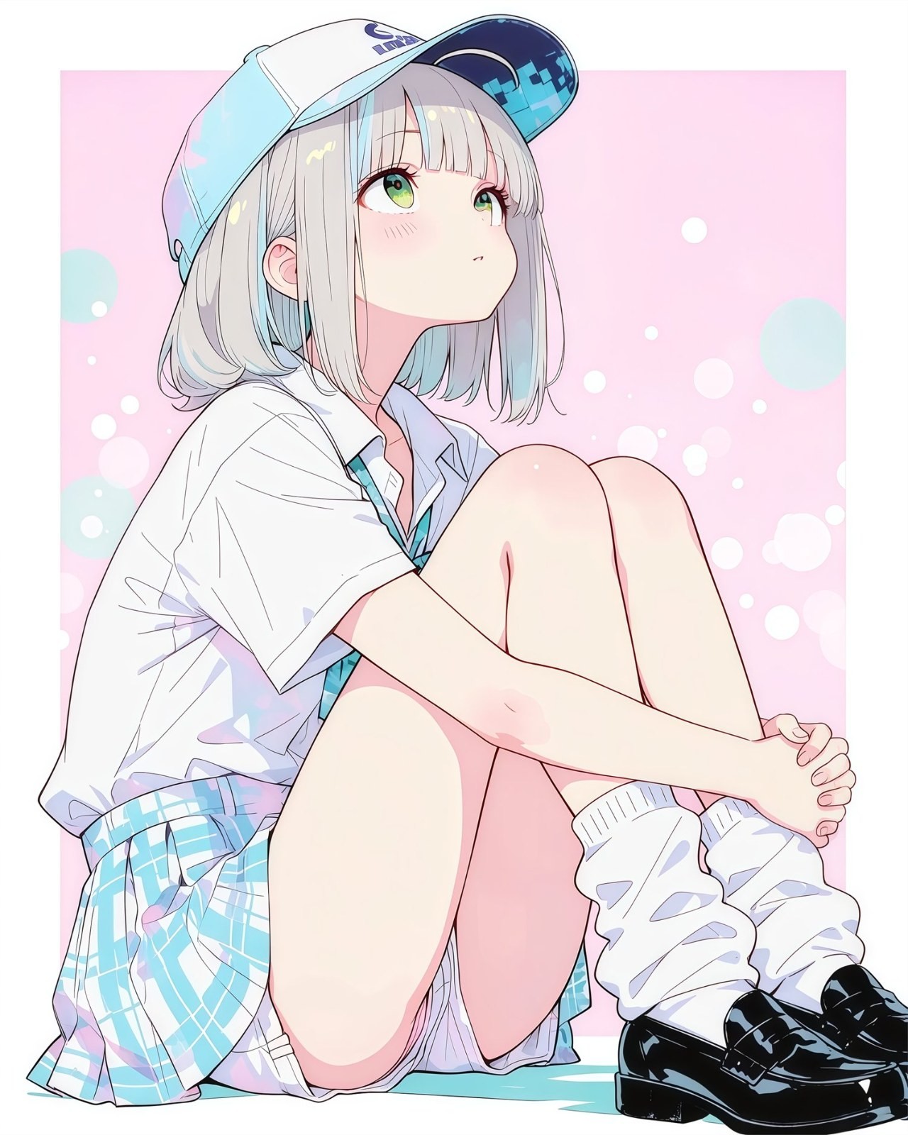 Ein silbergraues, kurzhaariges Anime-Mädchen mit blau-weißer Baseballmütze und kariertem Rock