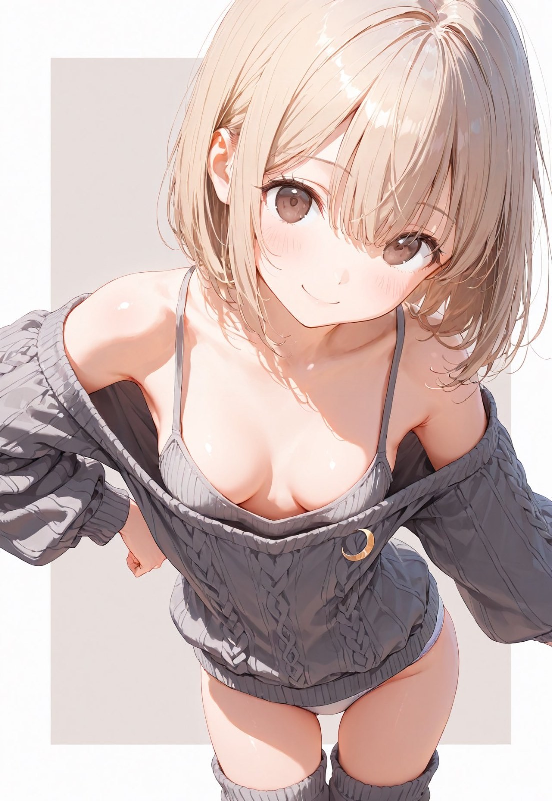 Anime girl with light brown short hair in gray knit camisole and cardigan looking down at the camera