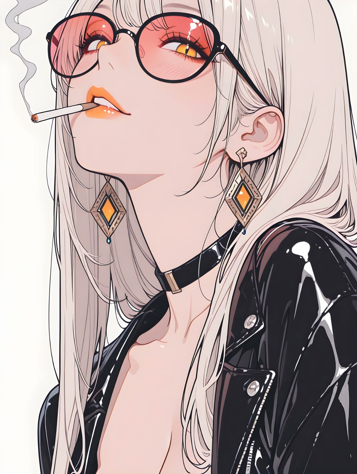 一位銀髮女性穿著黑色皮夾克，透過粉色墨鏡吸煙