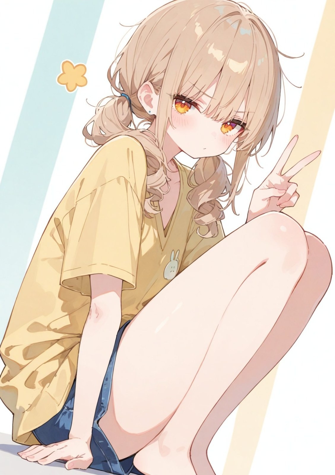 An anime girl with light brown twin tails is wearing a loose yellow short-sleeve top and dark blue shorts