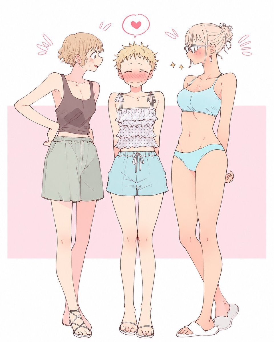Three female anime characters standing side by side showcasing their unique styles
