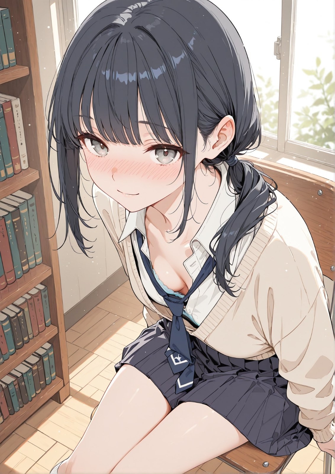 Uma menina de anime de cabelo preto está sentada no chão de madeira vestindo uma camisa branca e um colete bege