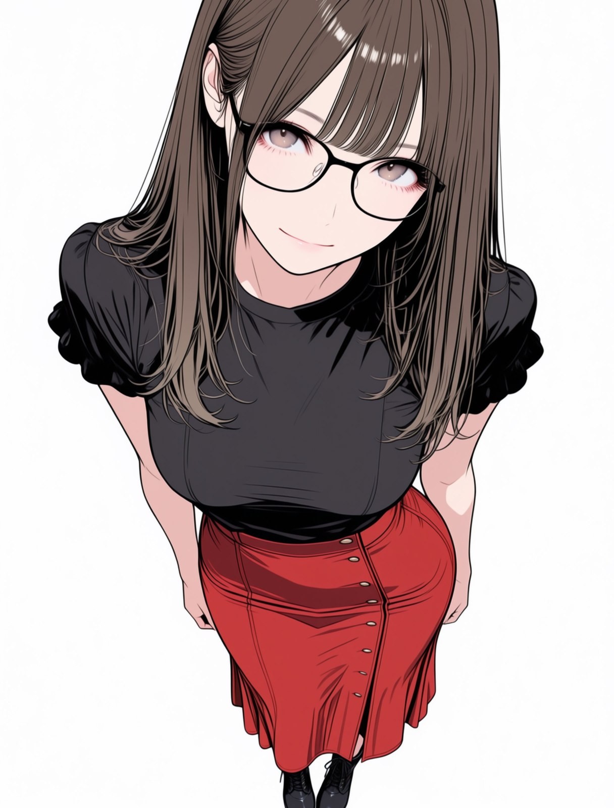 brown haired female anime character wearing black puff sleeve top and red high waist skirt