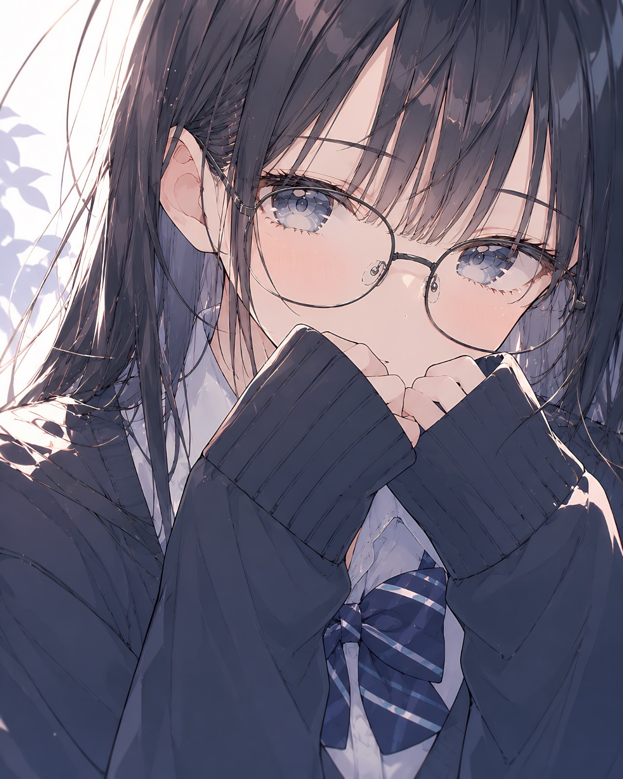 動漫少女特寫，黑色長髮和淡藍色眼睛