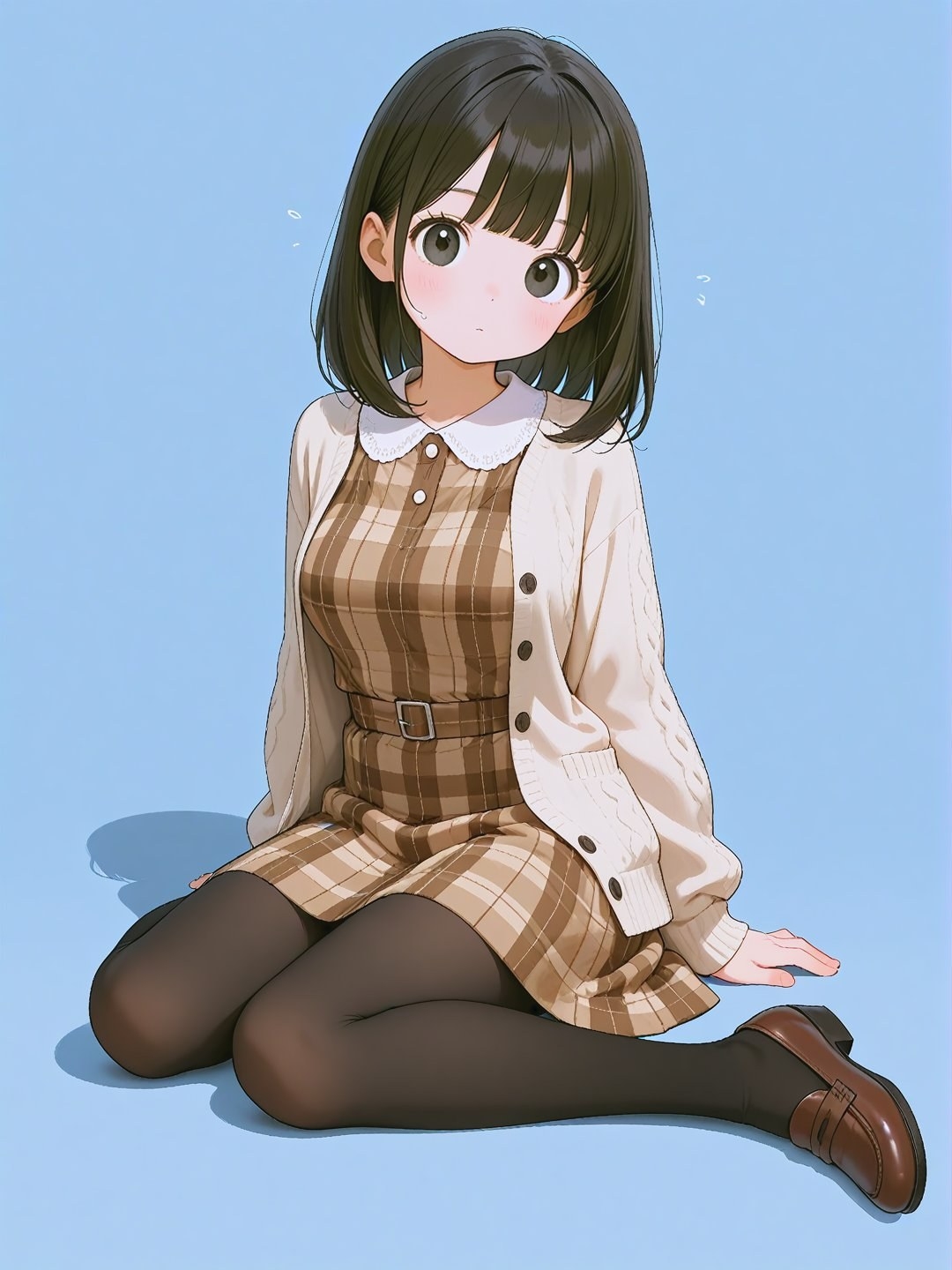 Uma garota estilo anime está sentada em um vestido xadrez marrom contra um fundo azul