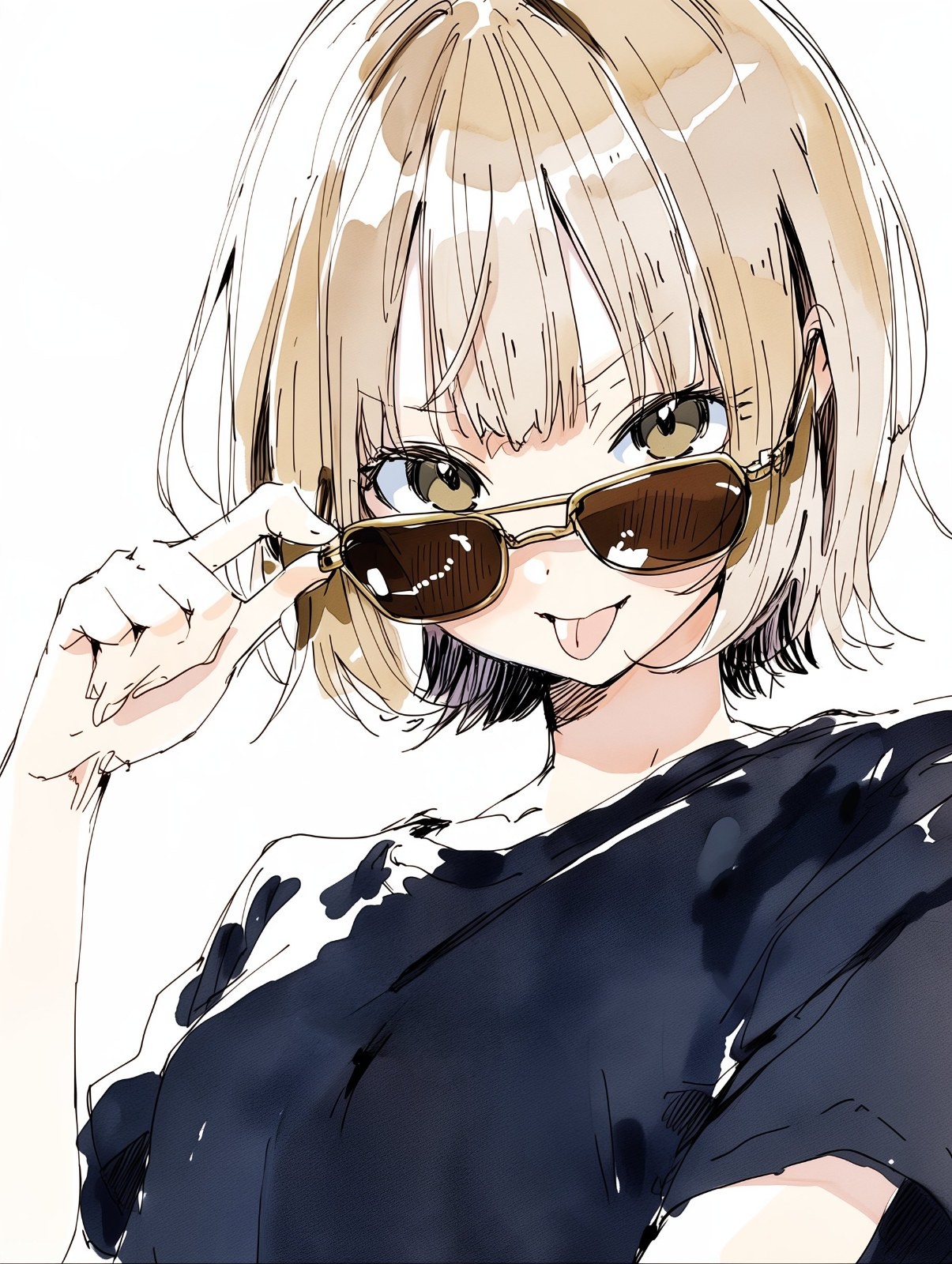 La ilustración muestra a una chica de cabello rubio corto con una blusa negra sin hombros, que ajusta sus gafas de sol marrones para revelar sus ojos ámbar