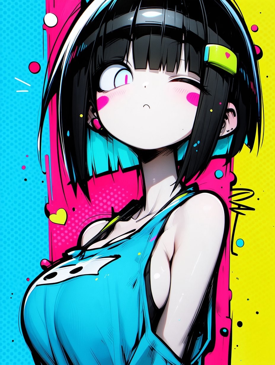 Joven mujer estilo anime japonés con top sin mangas azul verde arte pop estilo callejero