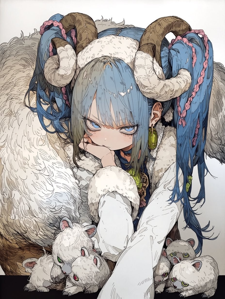 曲がった角とツインテールを持つアニメ少女が、周りに白い子羊を抱えている