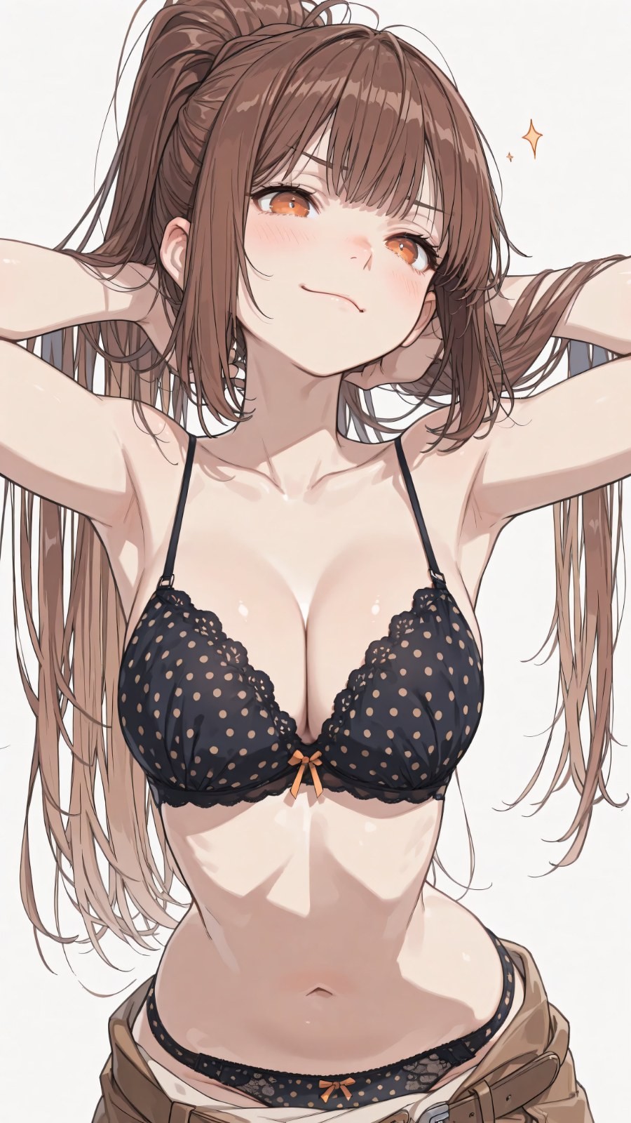 An anime woman with brown long hair is wearing black lace underwear