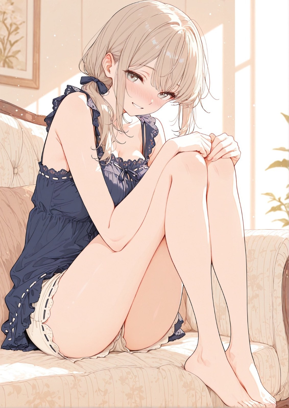 アニメ少女がソファに座り、深い青のキャミソールの寝巻きを着て、優しい笑顔を見せている