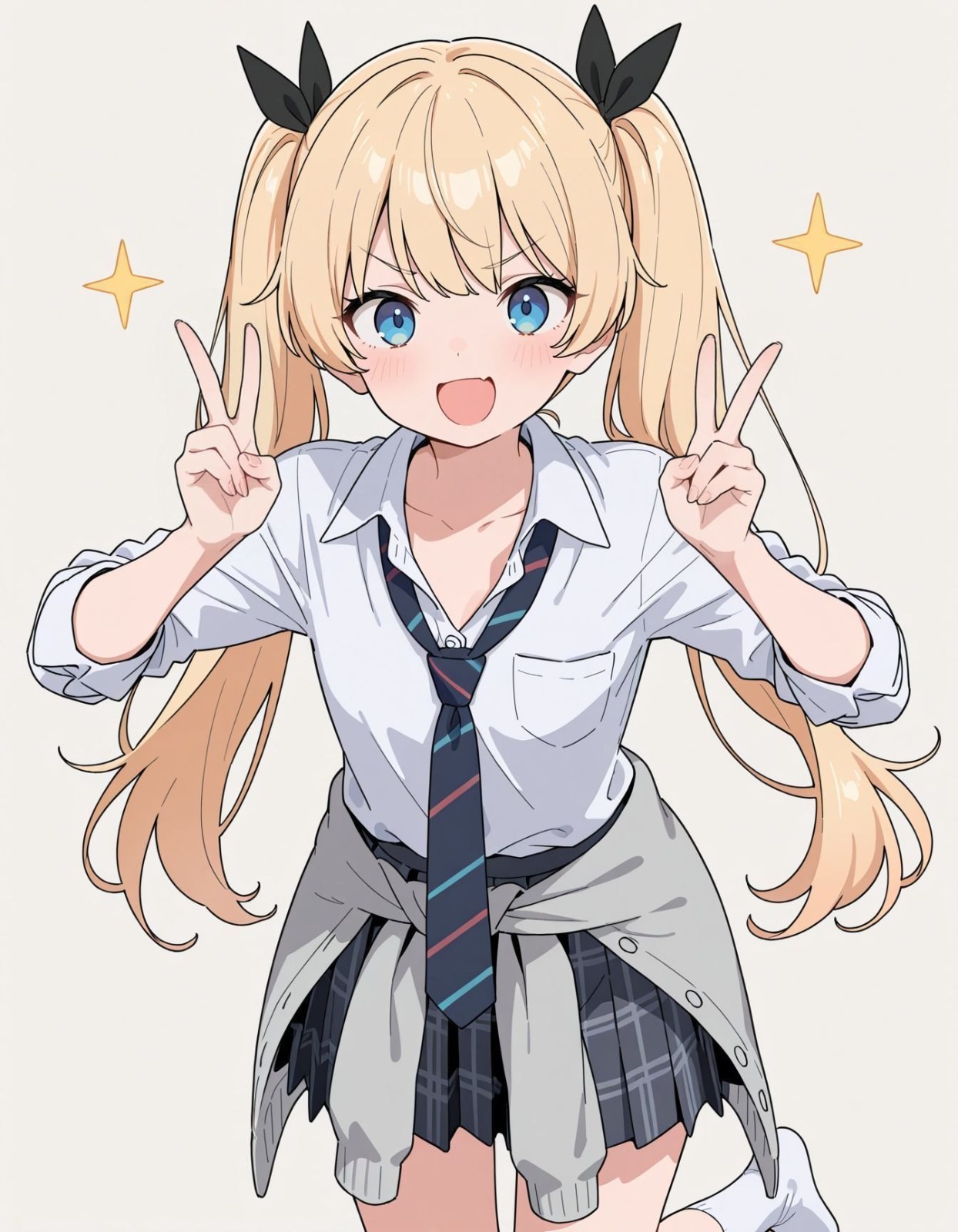 Una chica de anime con dos coletas rubias lleva una camisa blanca y una falda de cuadros