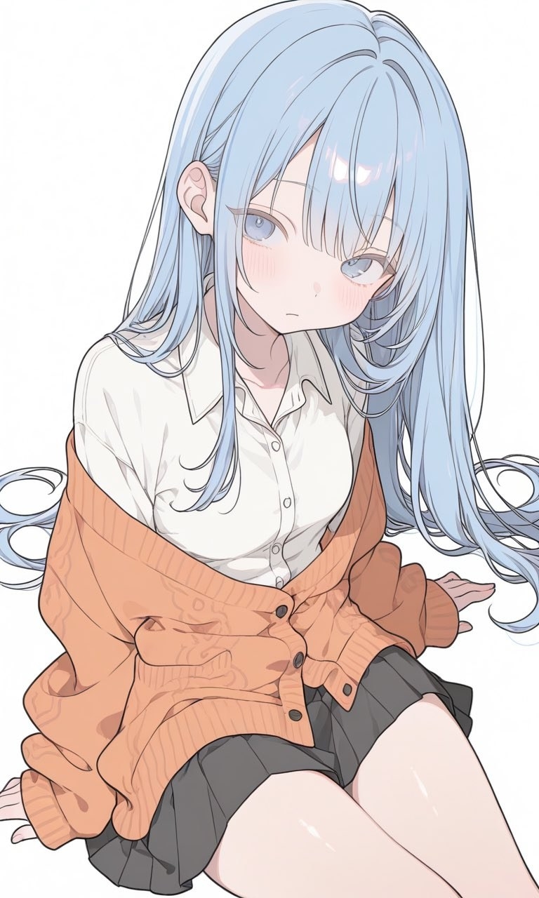 A blue-haired girl is wearing a white shirt and a black pleated skirt