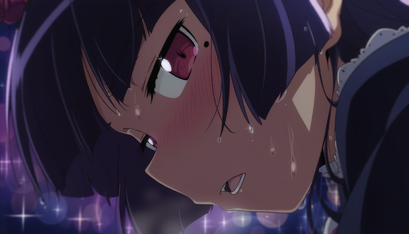 ダークショートヘアのアニメ少女が苦しみの中で画面の主体を占めています