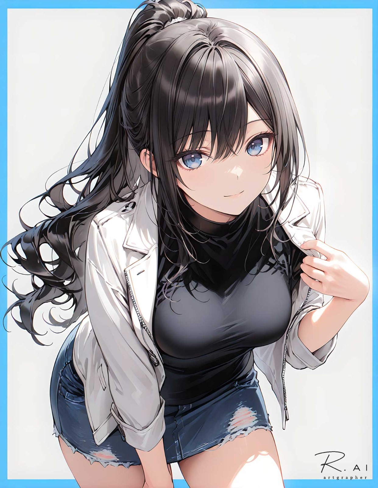 The illustration features a blue-eyed, black-haired woman wearing a black turtleneck and a white short jacket