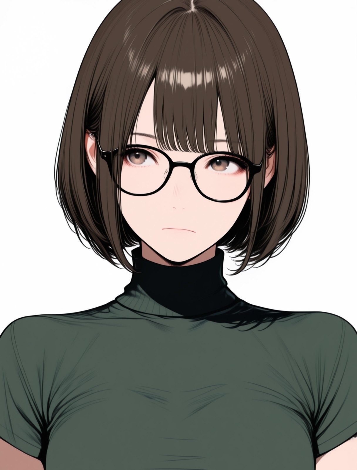 Una mujer de pelo corto con gafas lleva un suéter negro de cuello alto y una camiseta de manga corta verde oscura