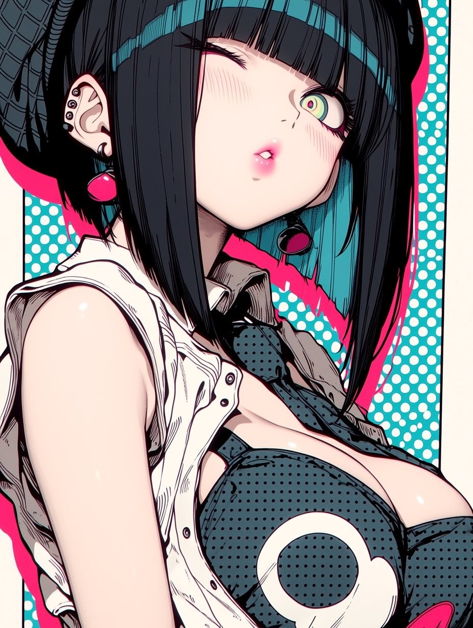 A lazy and charming image of a black-haired anime female character