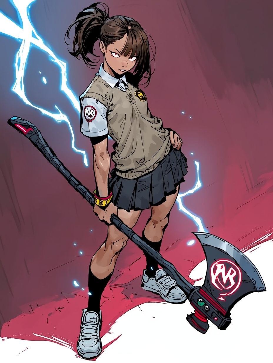Un personnage féminin en uniforme scolaire tenant une hache technologique avec un fond d'énergie électrique