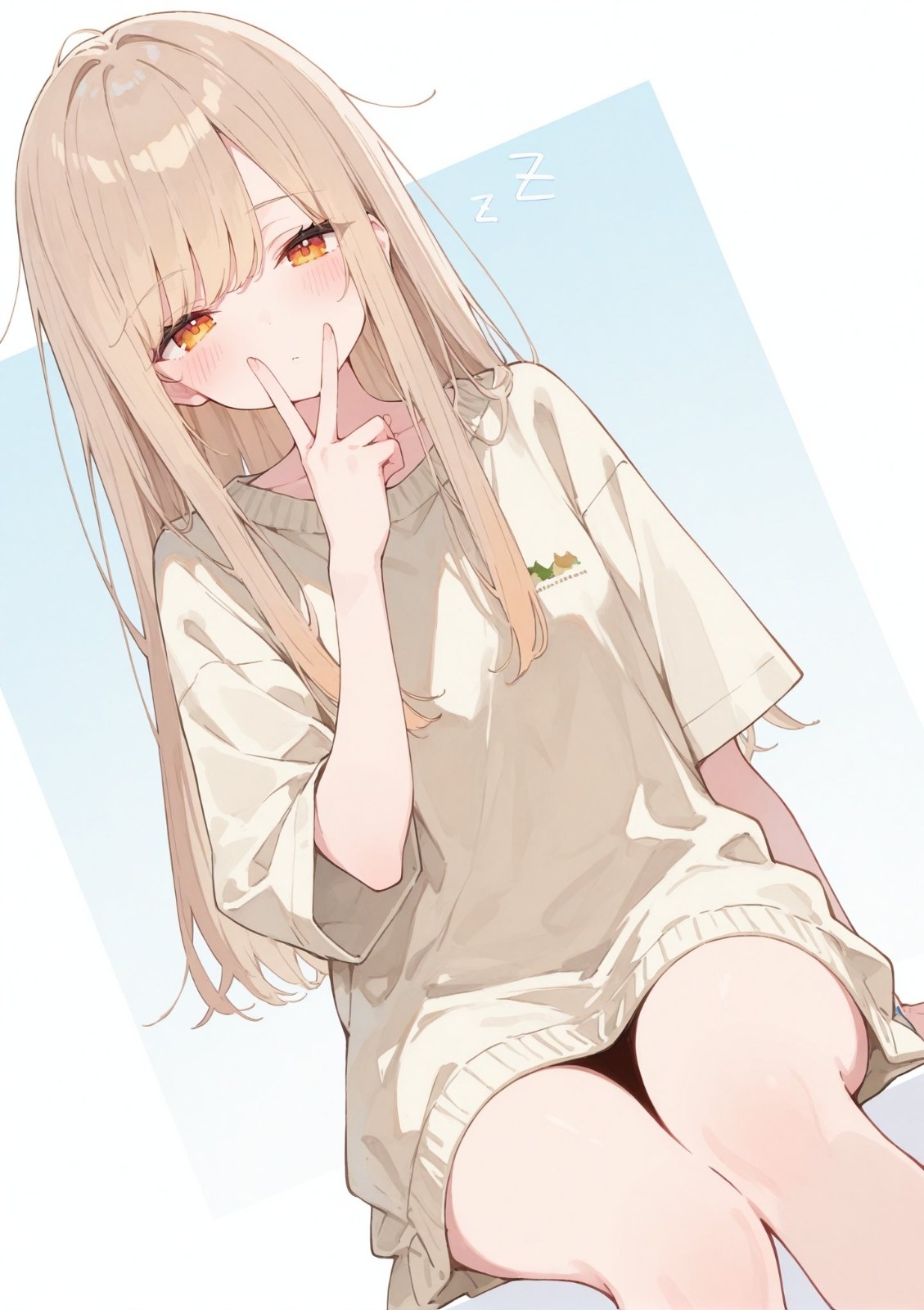 浅棕色长发动漫少女穿宽松米白色短袖上衣以慵懒神情斜倚半躺