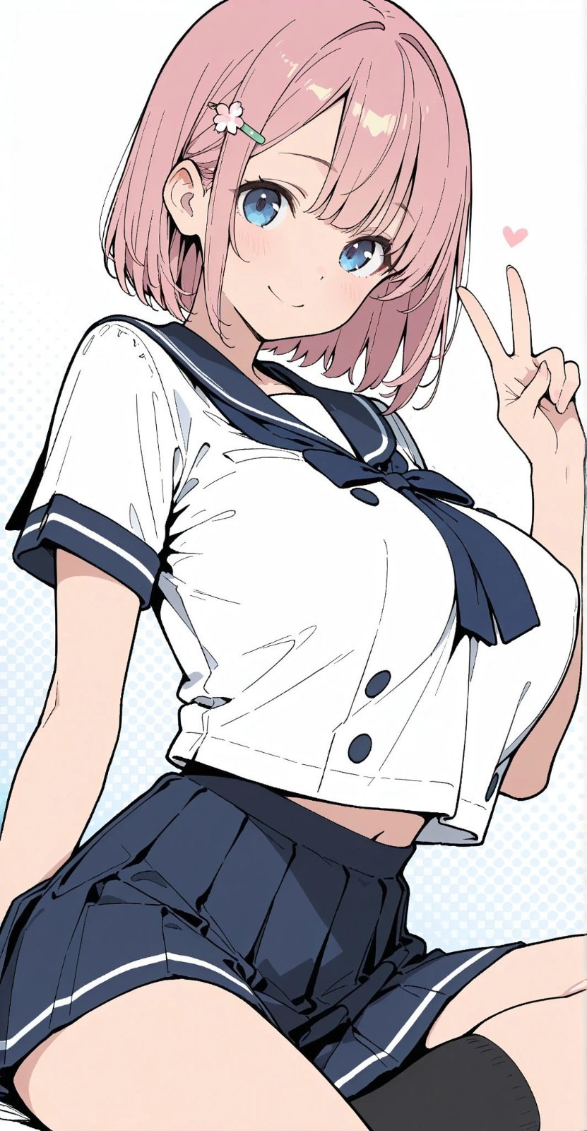A pink-haired anime girl is wearing a white short-sleeved sailor uniform and a dark blue pleated skirt