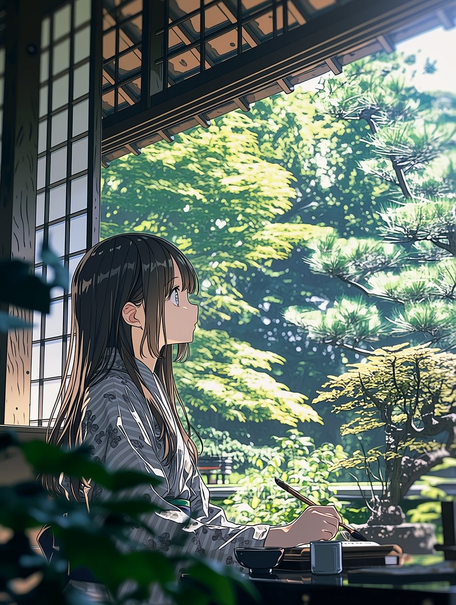 Garota de cabelo preto longo vestindo quimono cinza escrevendo em varanda japonesa