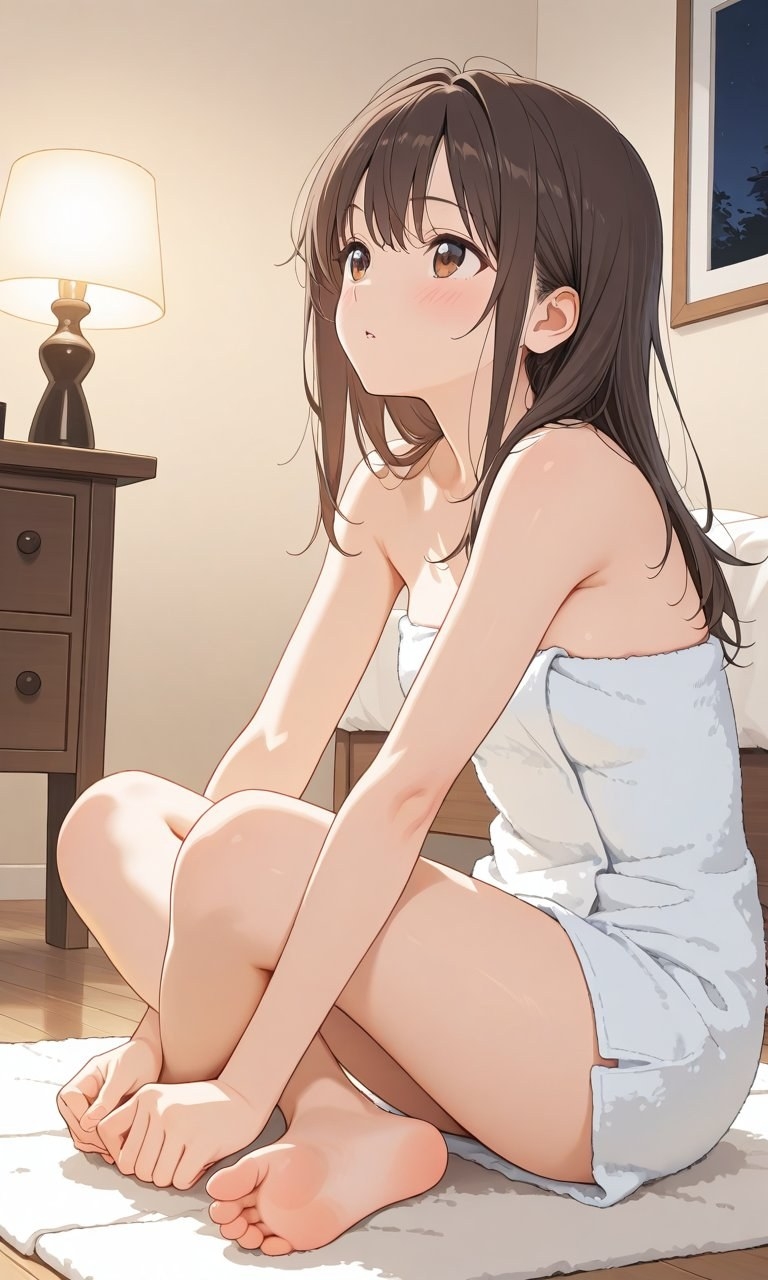 A young woman wrapped in a white towel sits on the bedroom carpet looking upwards