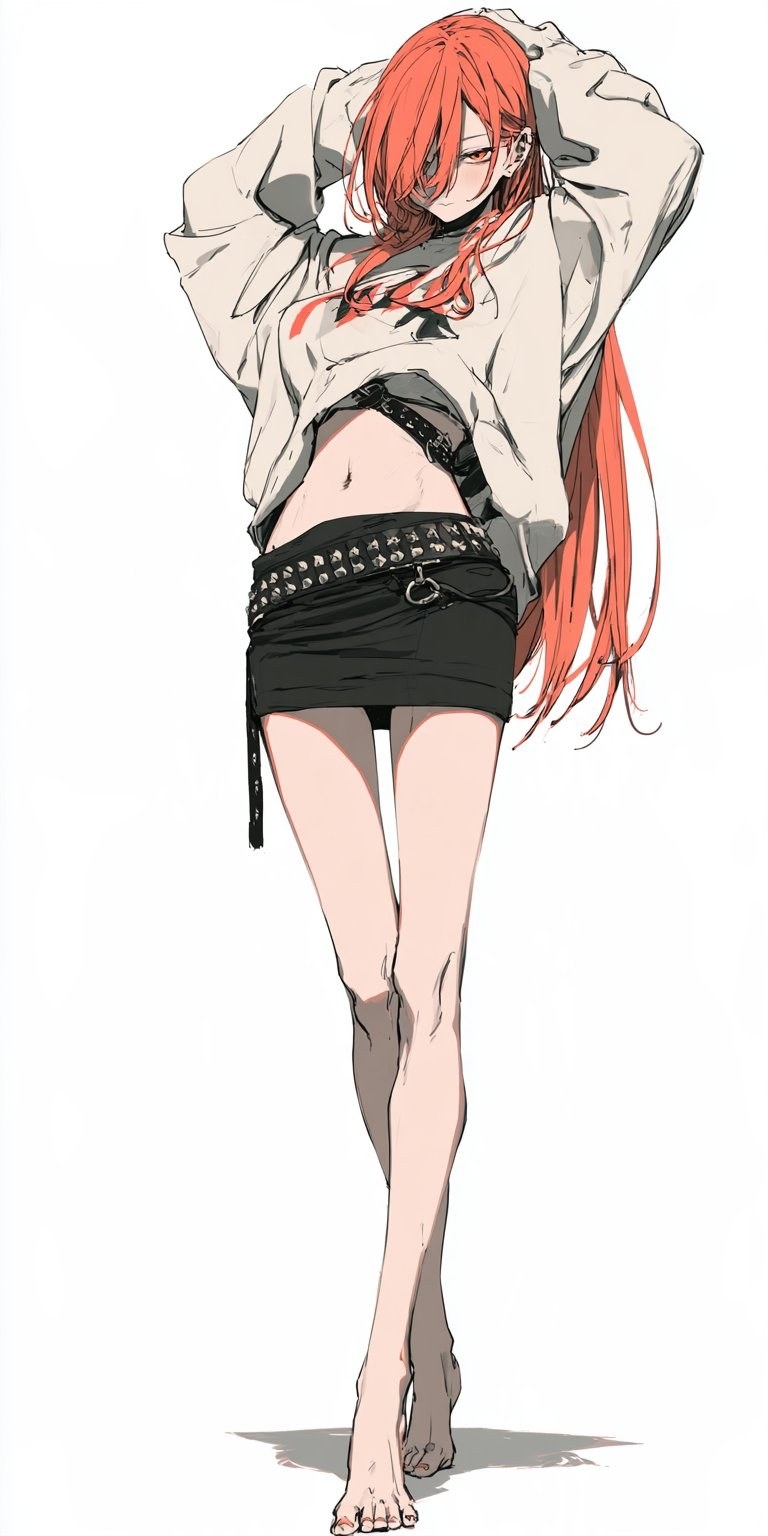 A red-haired woman stands barefoot in a casual outfit featuring a loose sweatshirt and a mini skirt