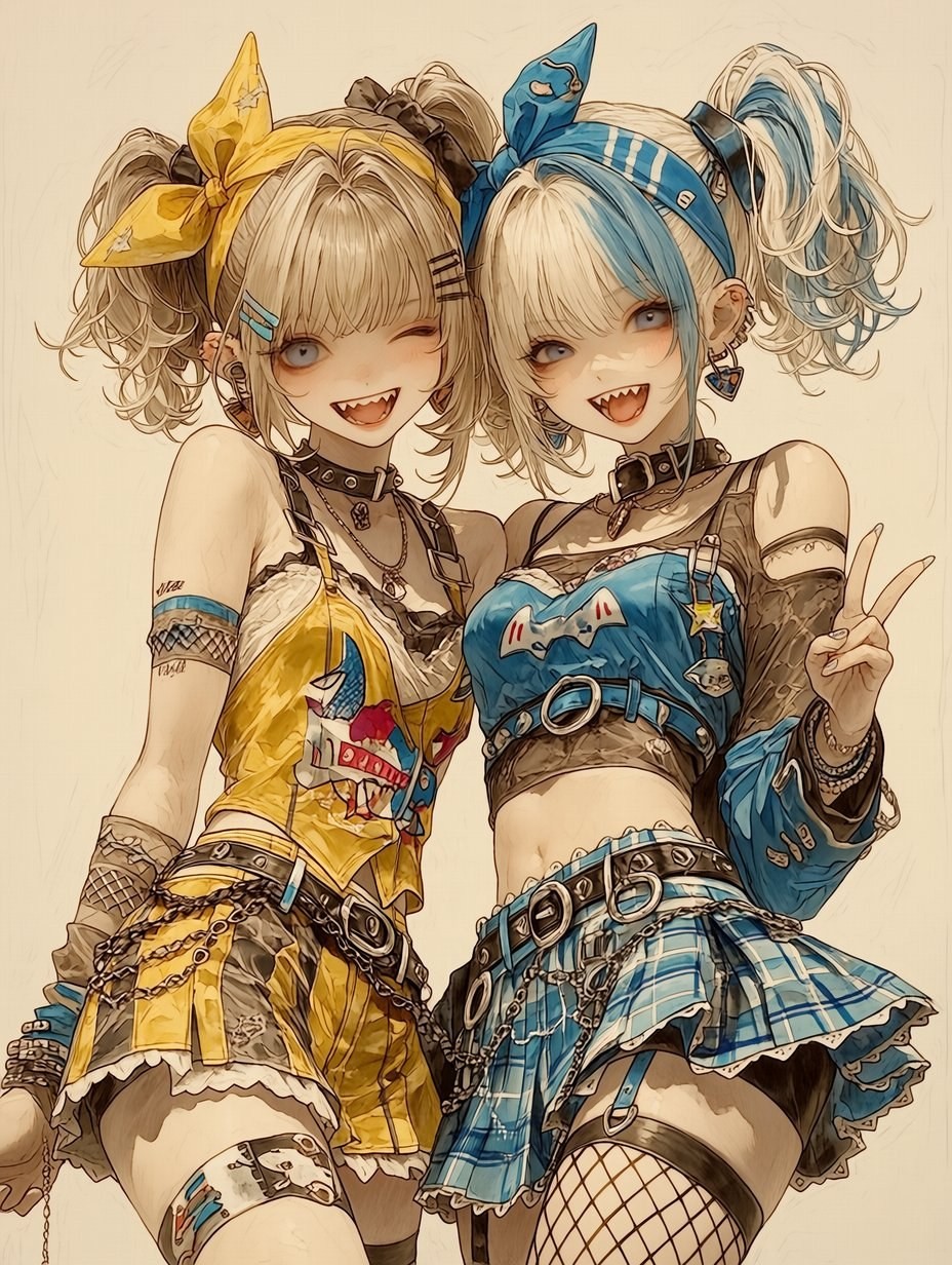 Two ponytail girls display intimacy in a vintage illustration