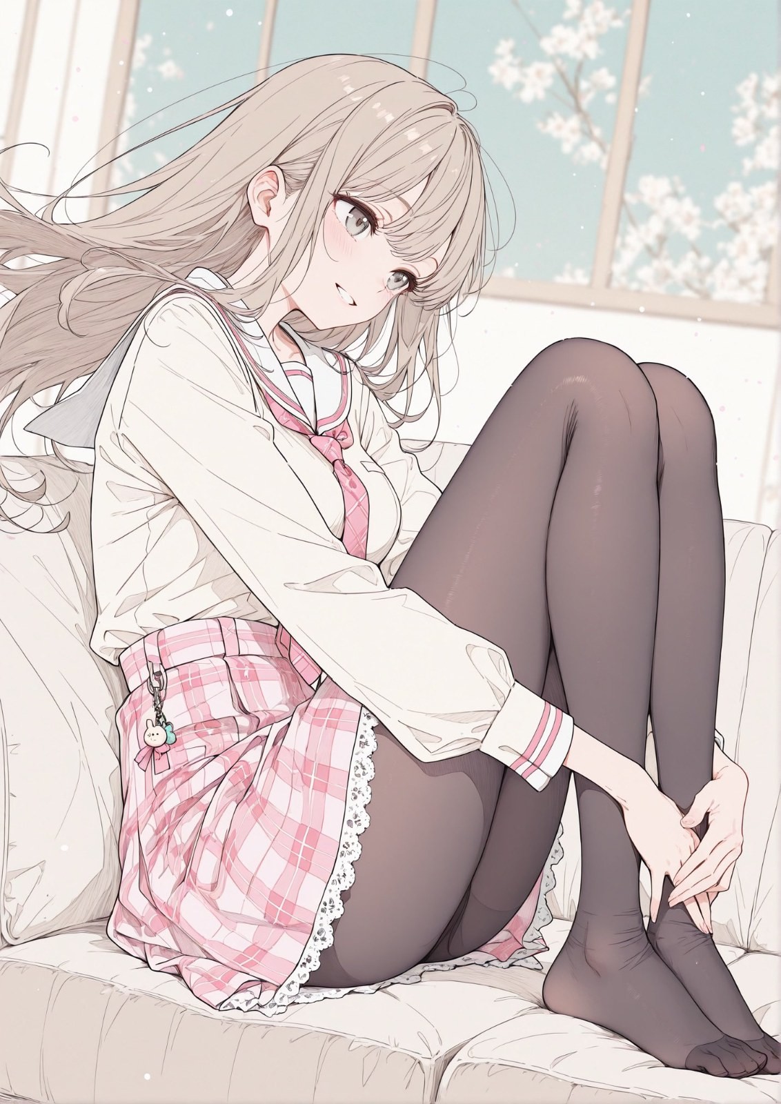 An anime girl is sitting on a sofa in a sailor outfit and plaid skirt smiling