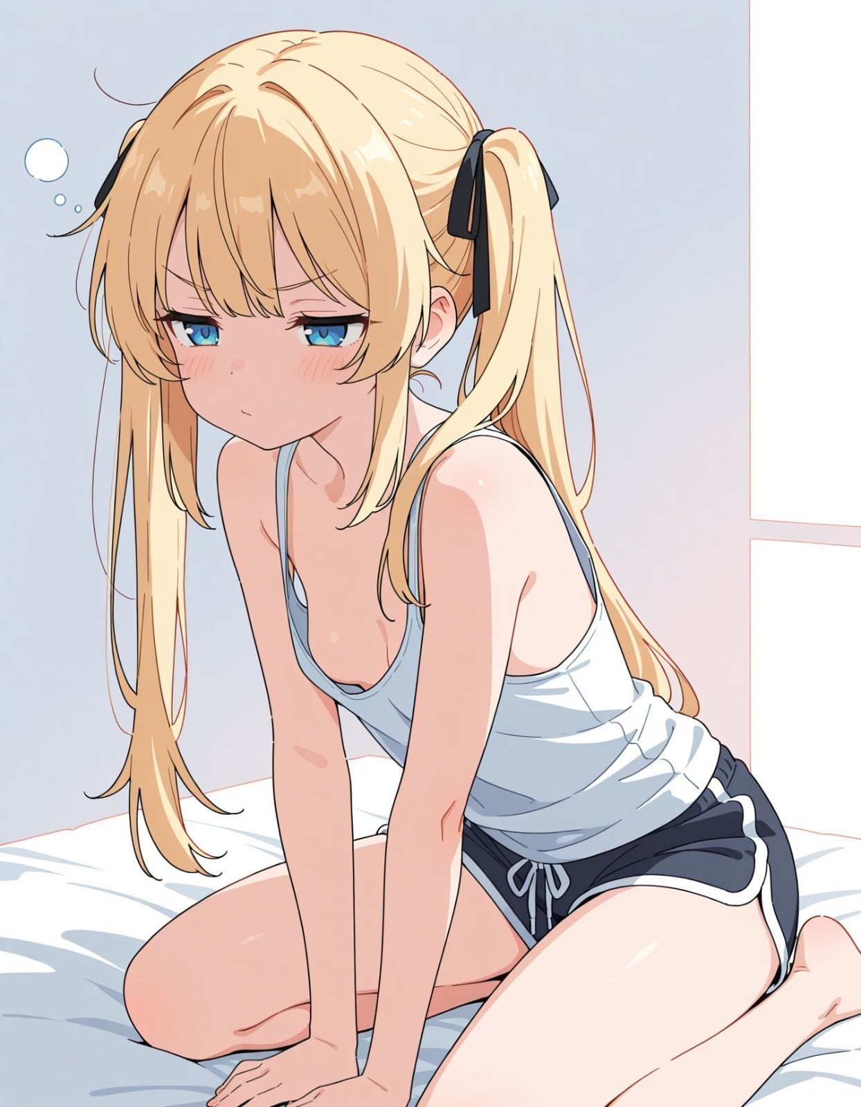 A blonde girl lounges on a white bed