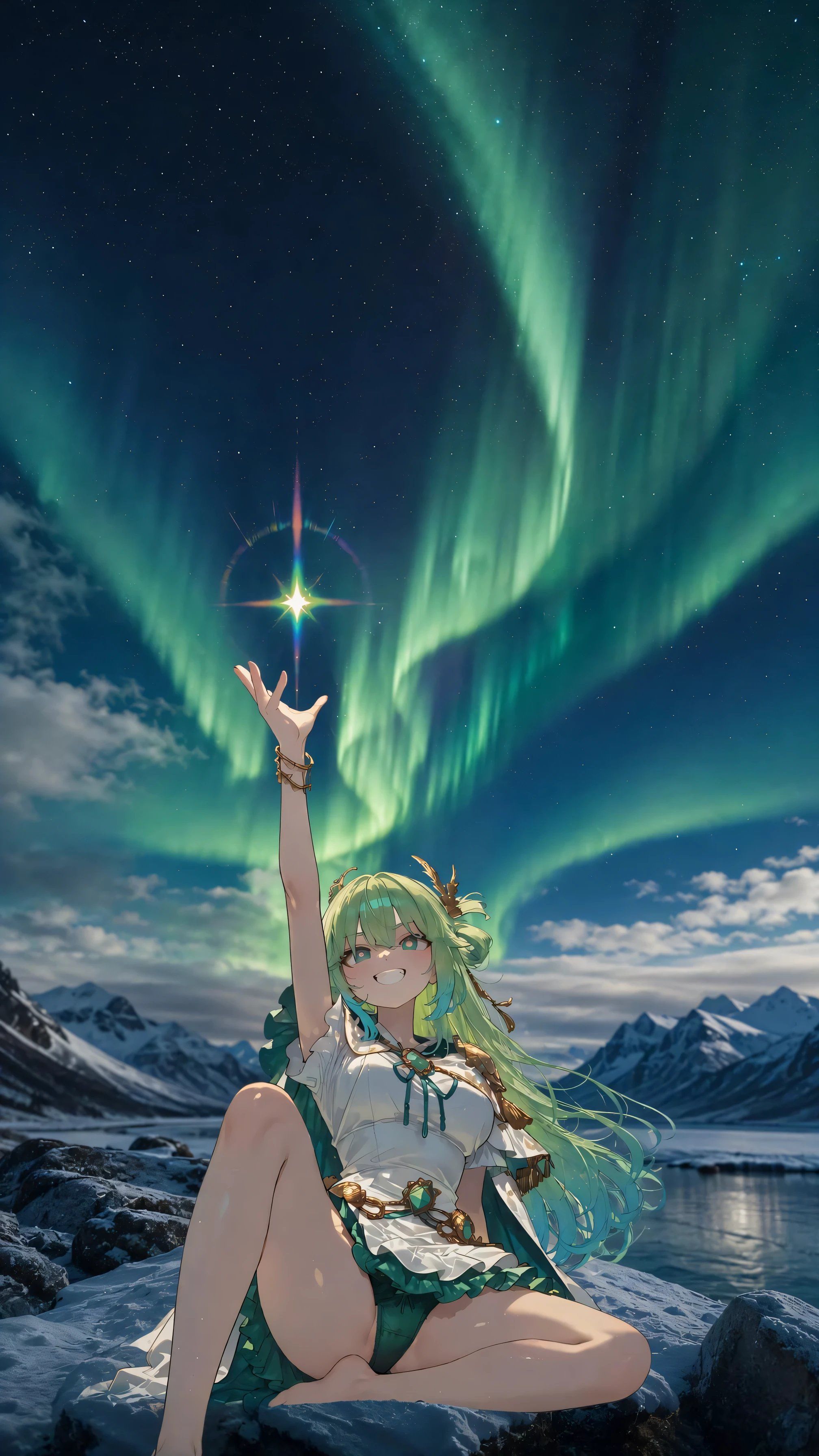 Chica de cabello verde con blusa blanca y falda verde sentada en roca nevada tocando aurora