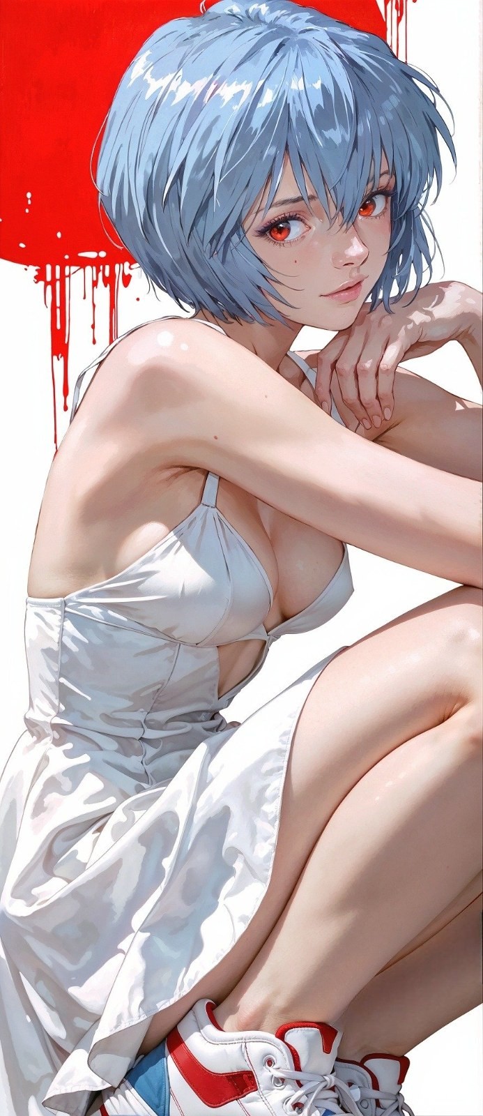 青い髪の少女が白いドレスとスニーカーを着ている