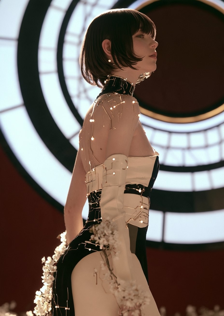 A woman showcases a futuristic dress embodying a blend of sci-fi and elegance