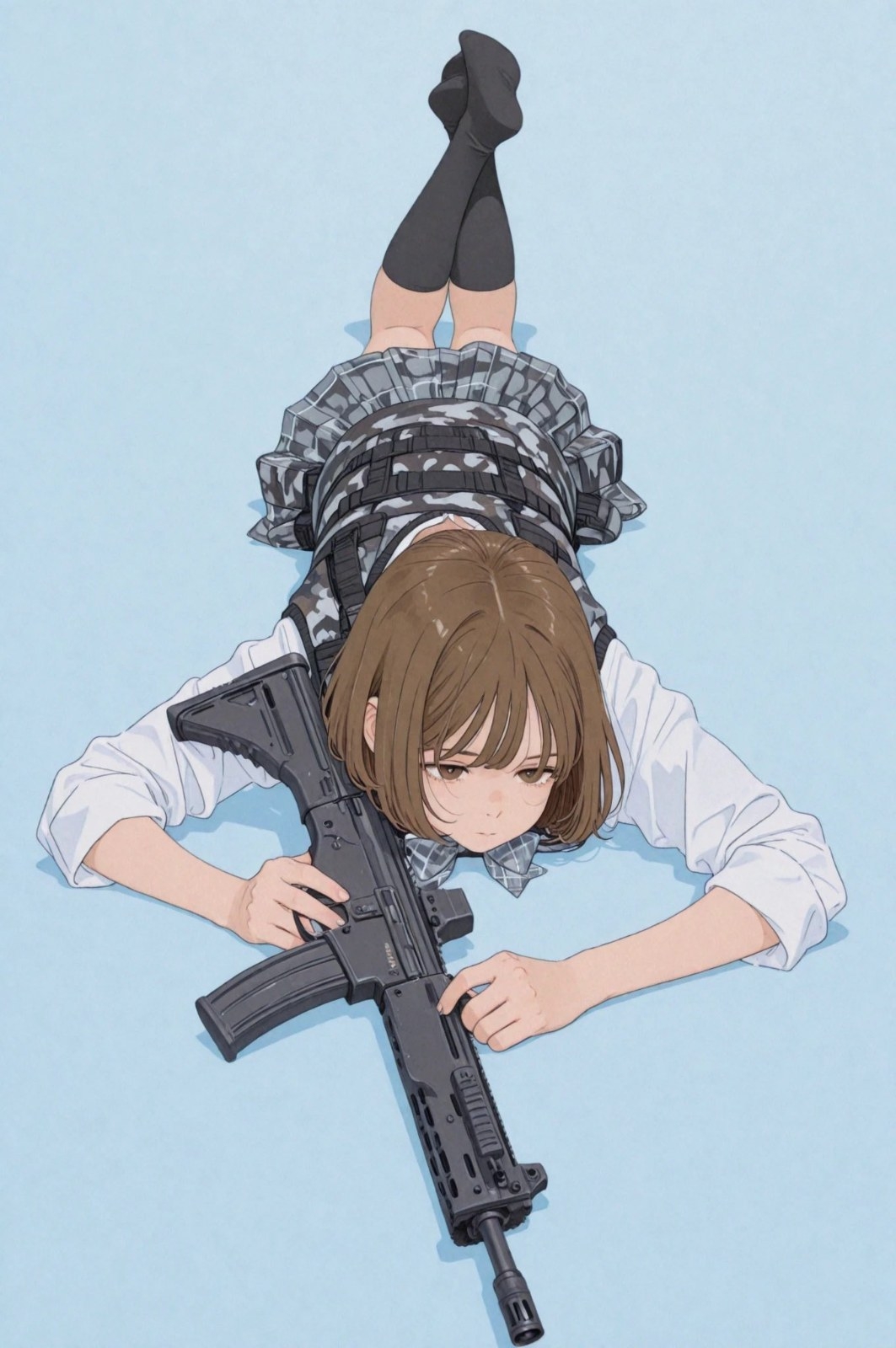 A short-haired girl in a white shirt and camouflage skirt lies on a blue surface holding a gun