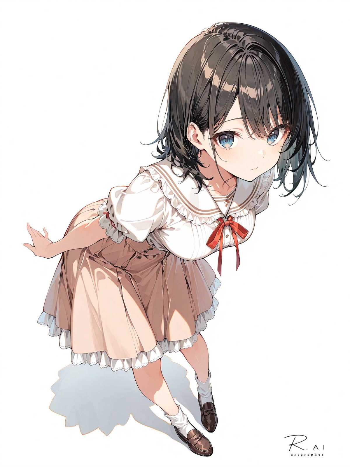 A girl with black short hair wears a white sailor collar shirt and high-waisted skirt
