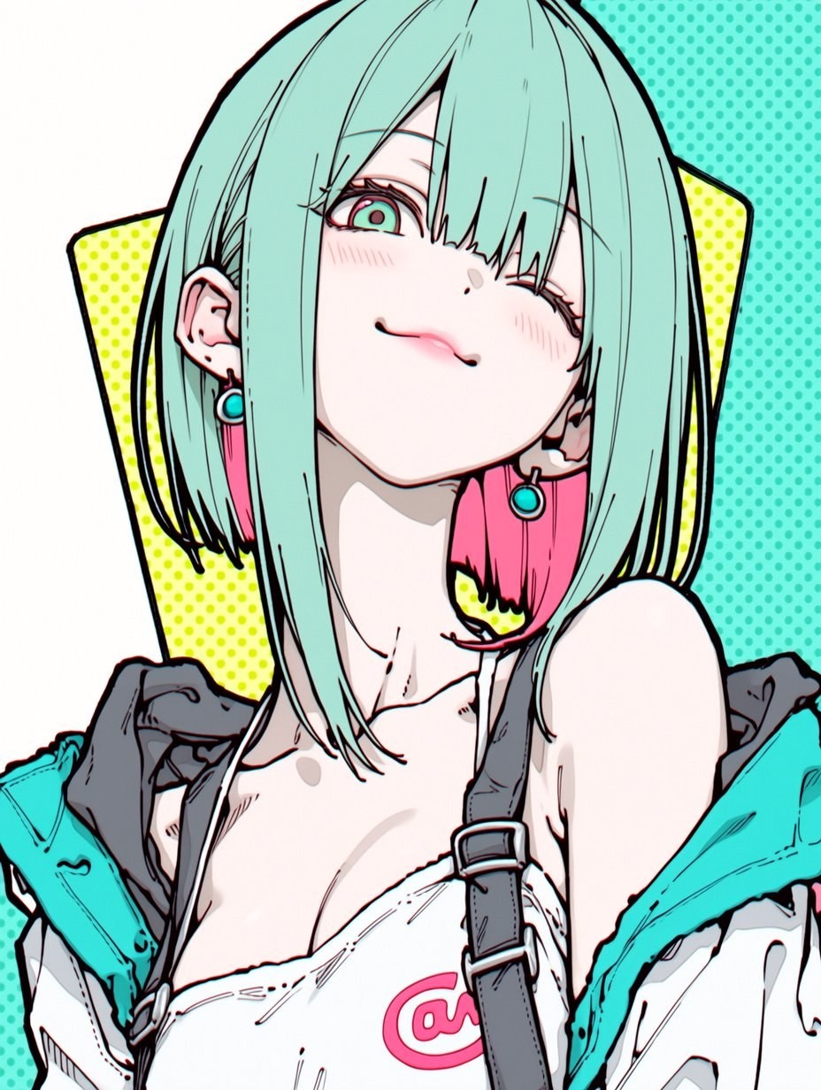 A mint green short-haired anime girl smiles confidently