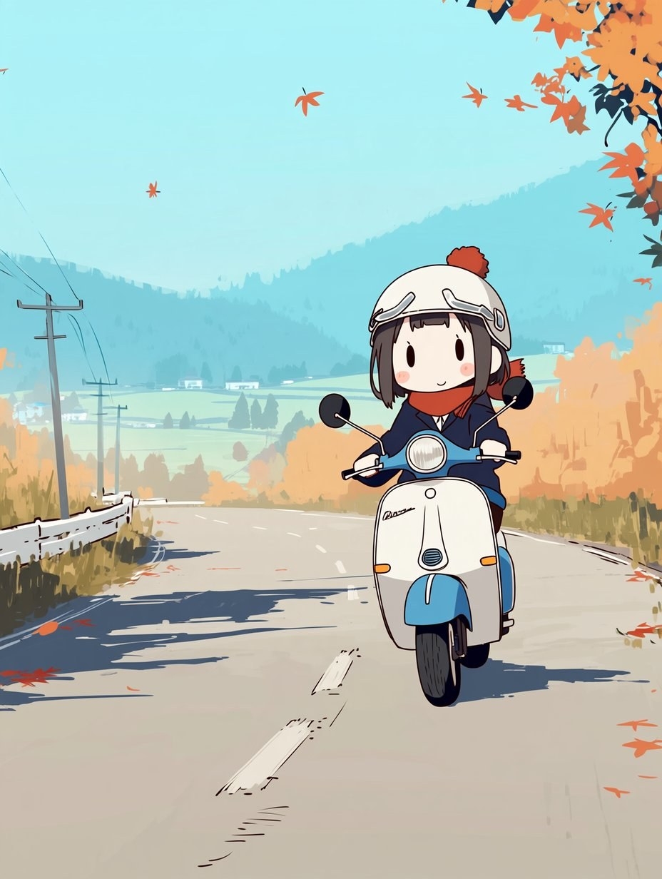 A cartoon girl rides a vintage scooter along a country road under the autumn sun
