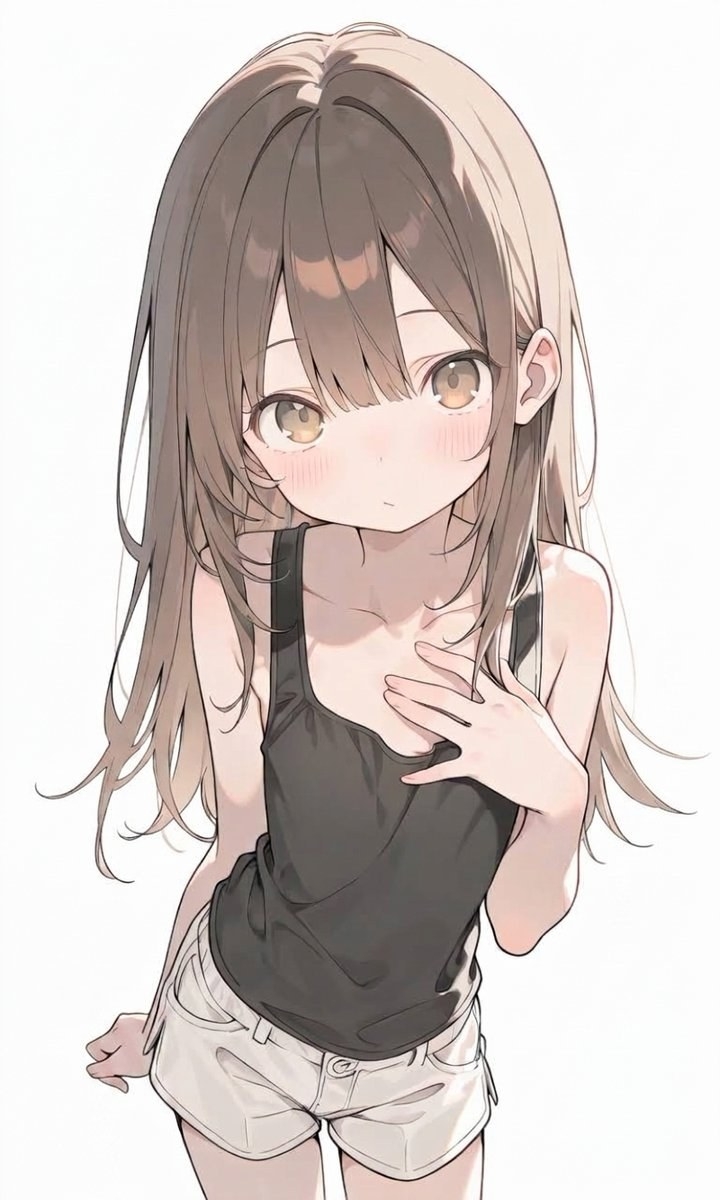 アニメスタイルの少女が黒のタンクトップとデニムショートパンツを着て、恥ずかしげで優雅な表情をしている
