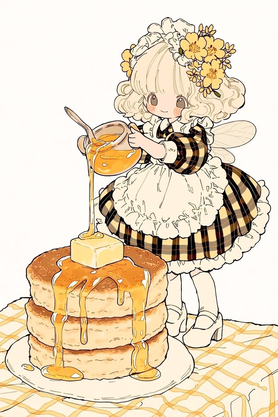 A girl in a yellow and black checkered dress is drizzling honey on muffins