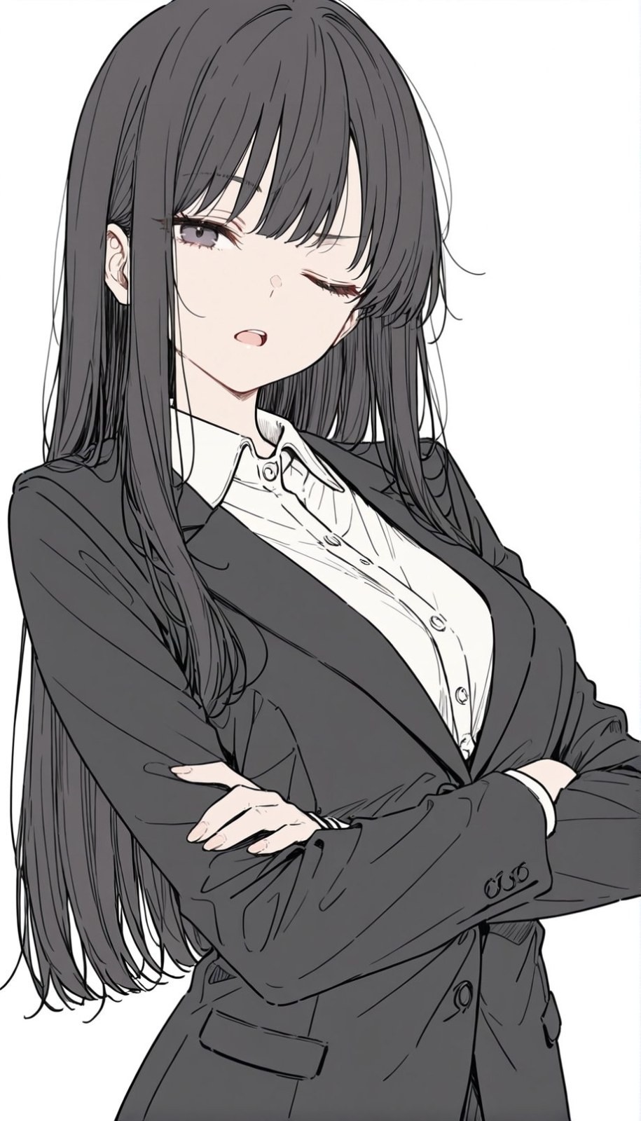 一位黑髮女性穿著黑色西裝外套與白色襯衫