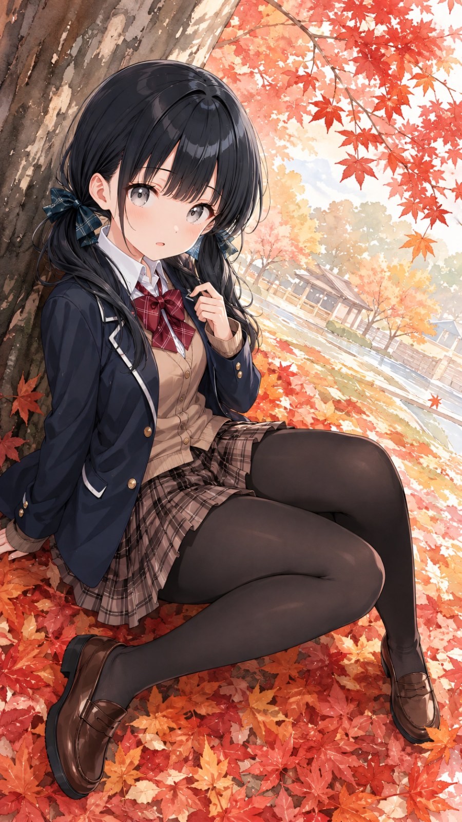 A girl with twin black tails wears a deep blue uniform jacket and plaid skirt sitting under an autumn maple tree