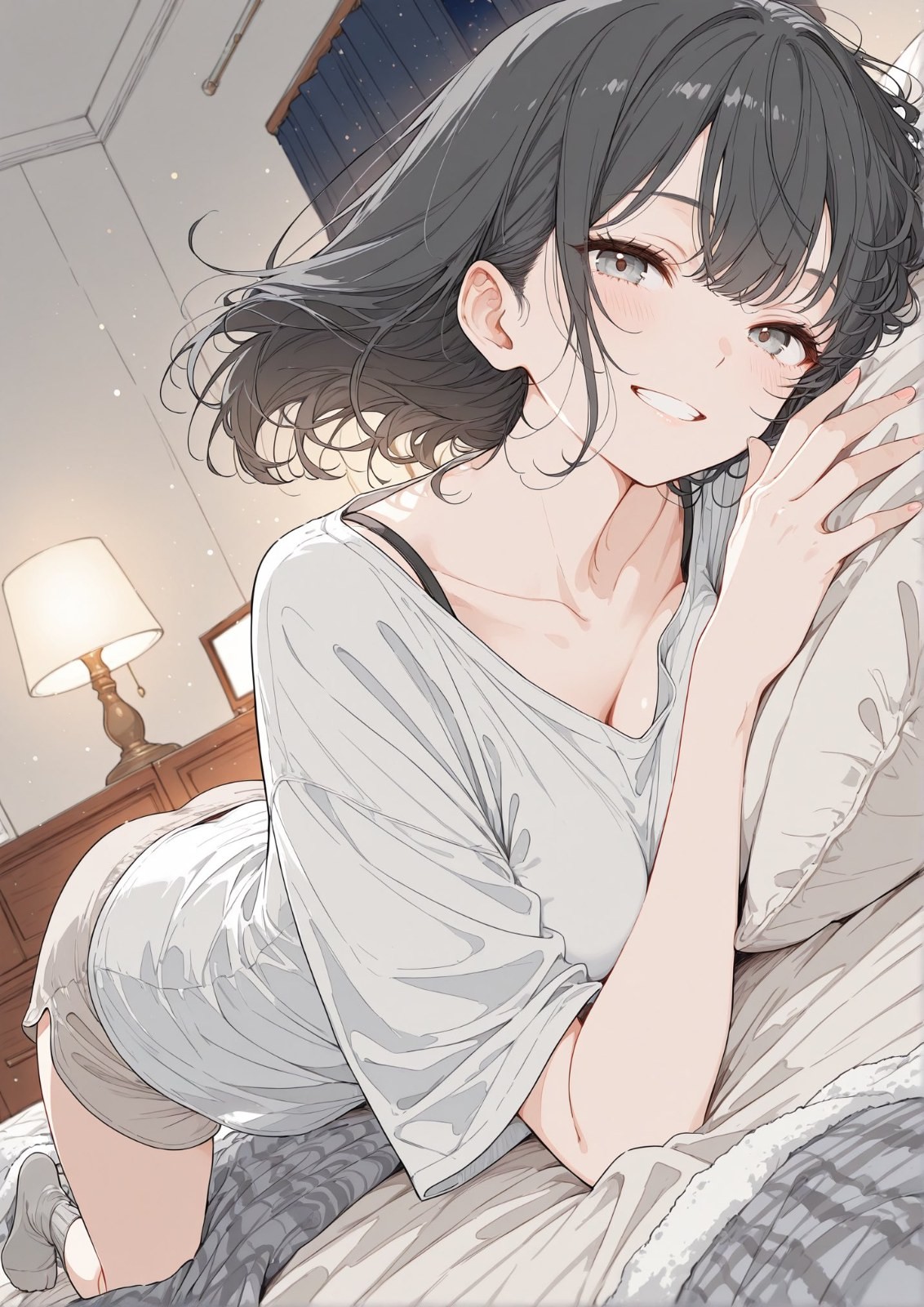 黑发少女穿浅灰短袖趴卧床上微笑凝视镜头