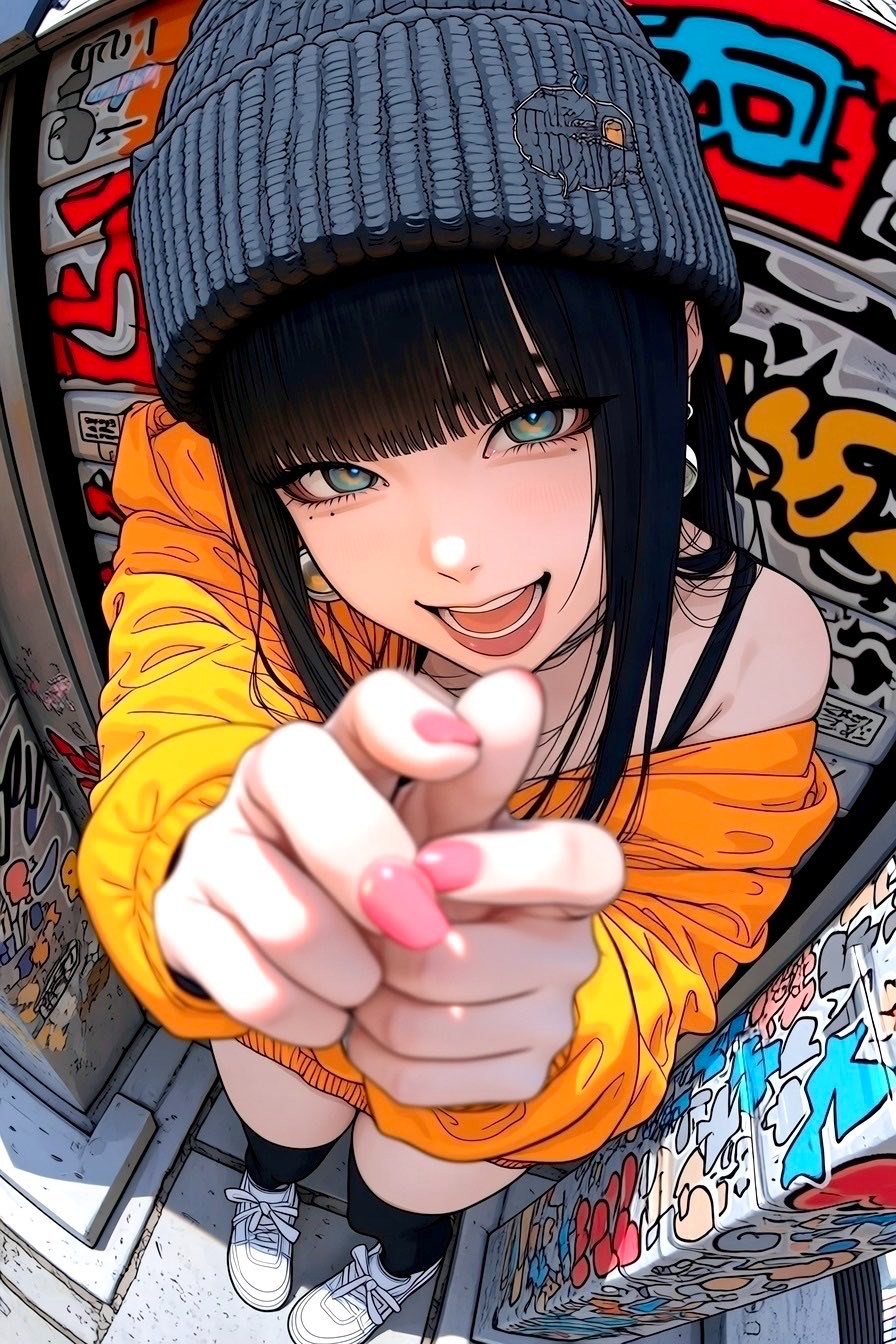 A young woman makes a heart gesture and smiles in front of a graffiti wall