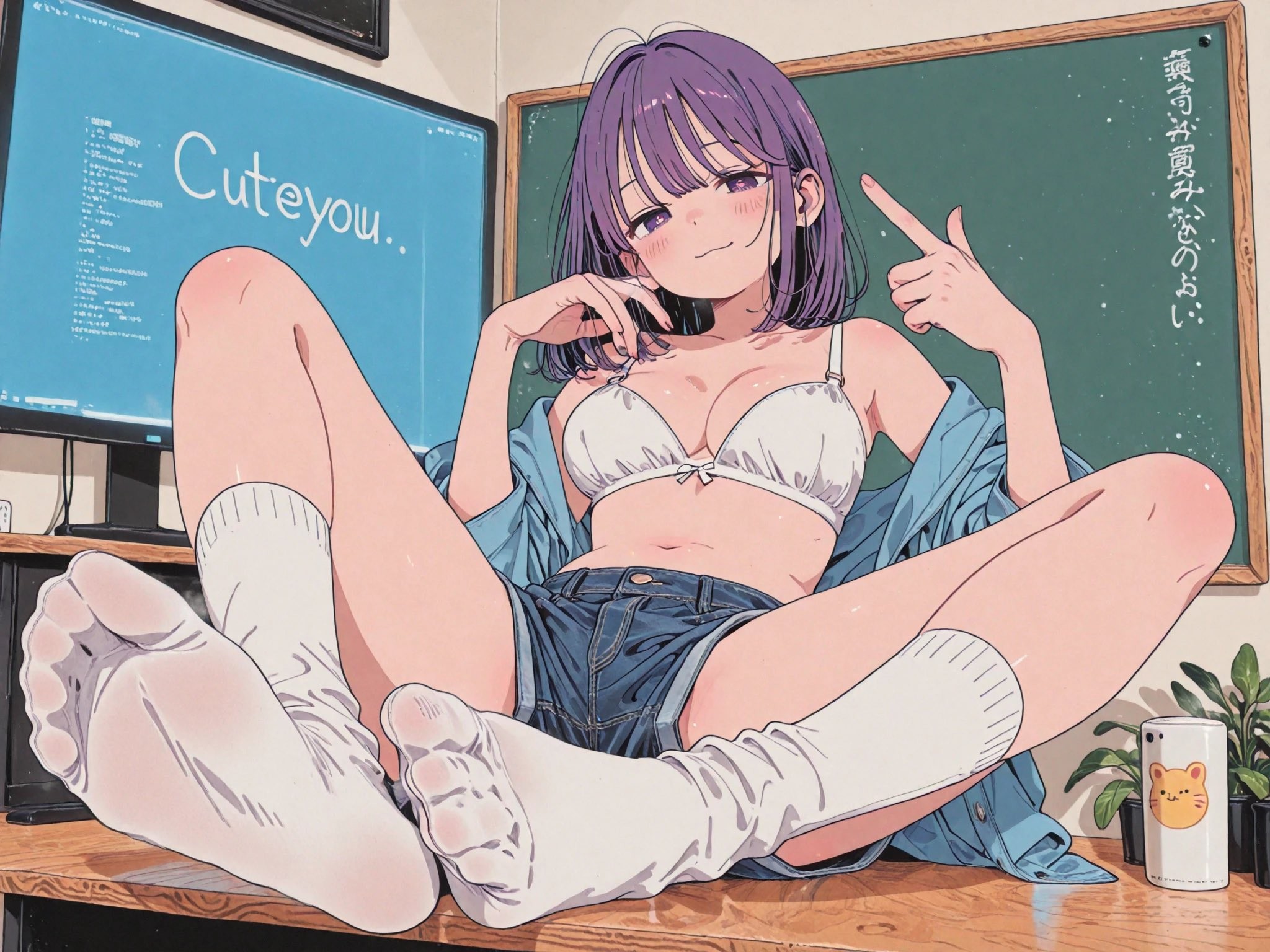 garota de cabelo roxo com lingerie branca e shorts jeans sentada em madeira fazendo sinal de paz