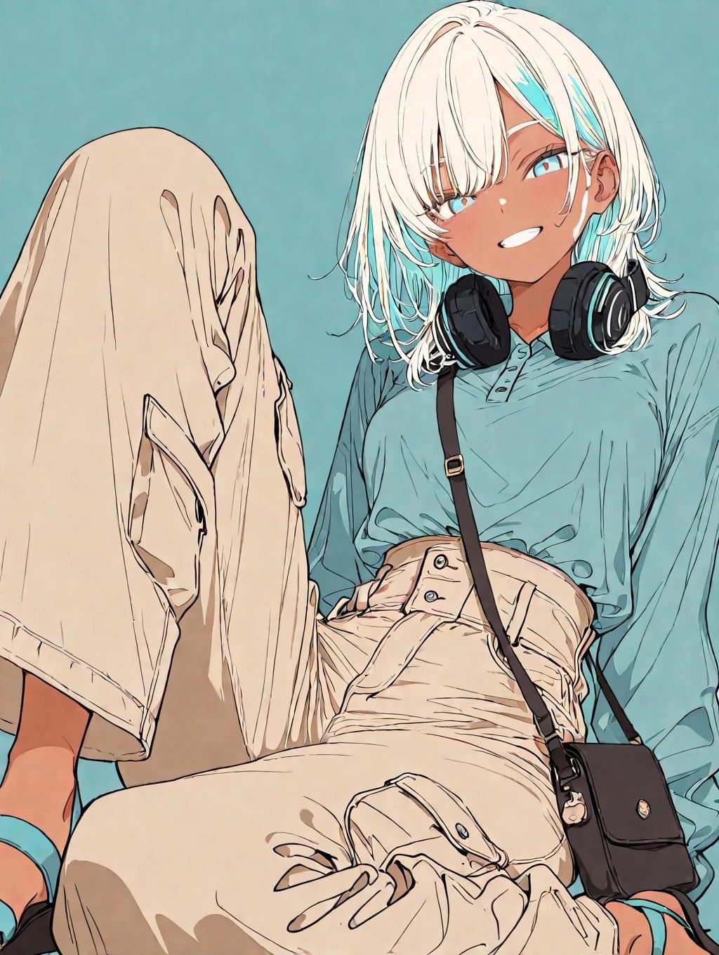 Dark-skinned anime girl wearing light blue polo shirt and beige cargo pants smiling brightly
