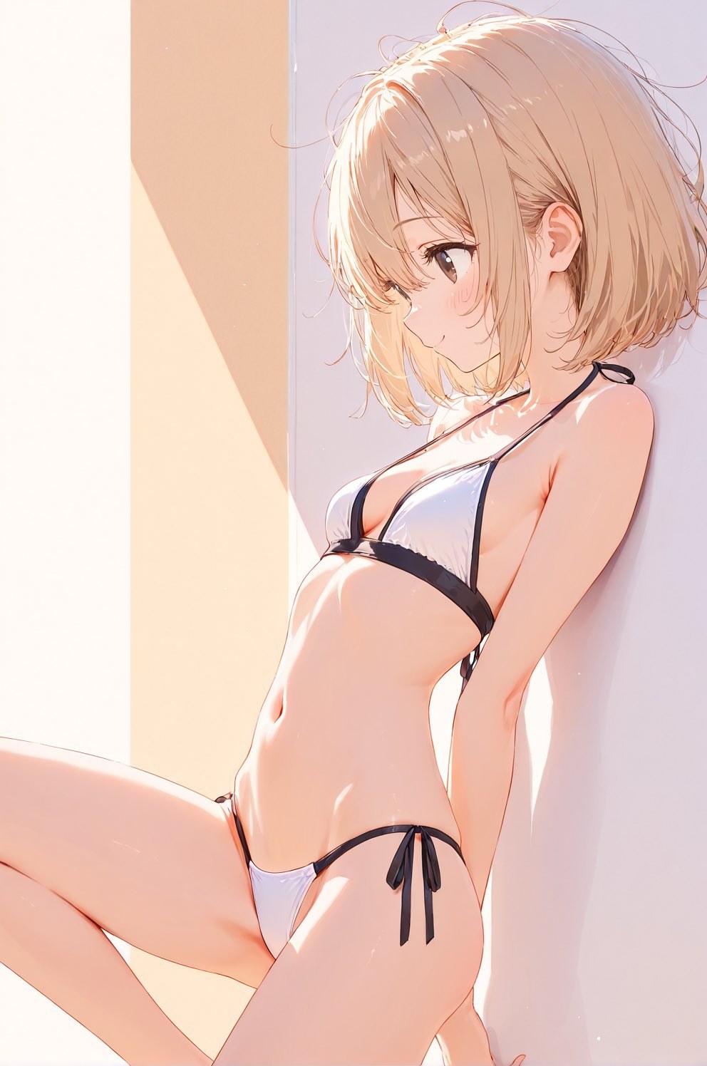 A blonde short-haired anime girl in a black-bordered white bikini leans against the wall