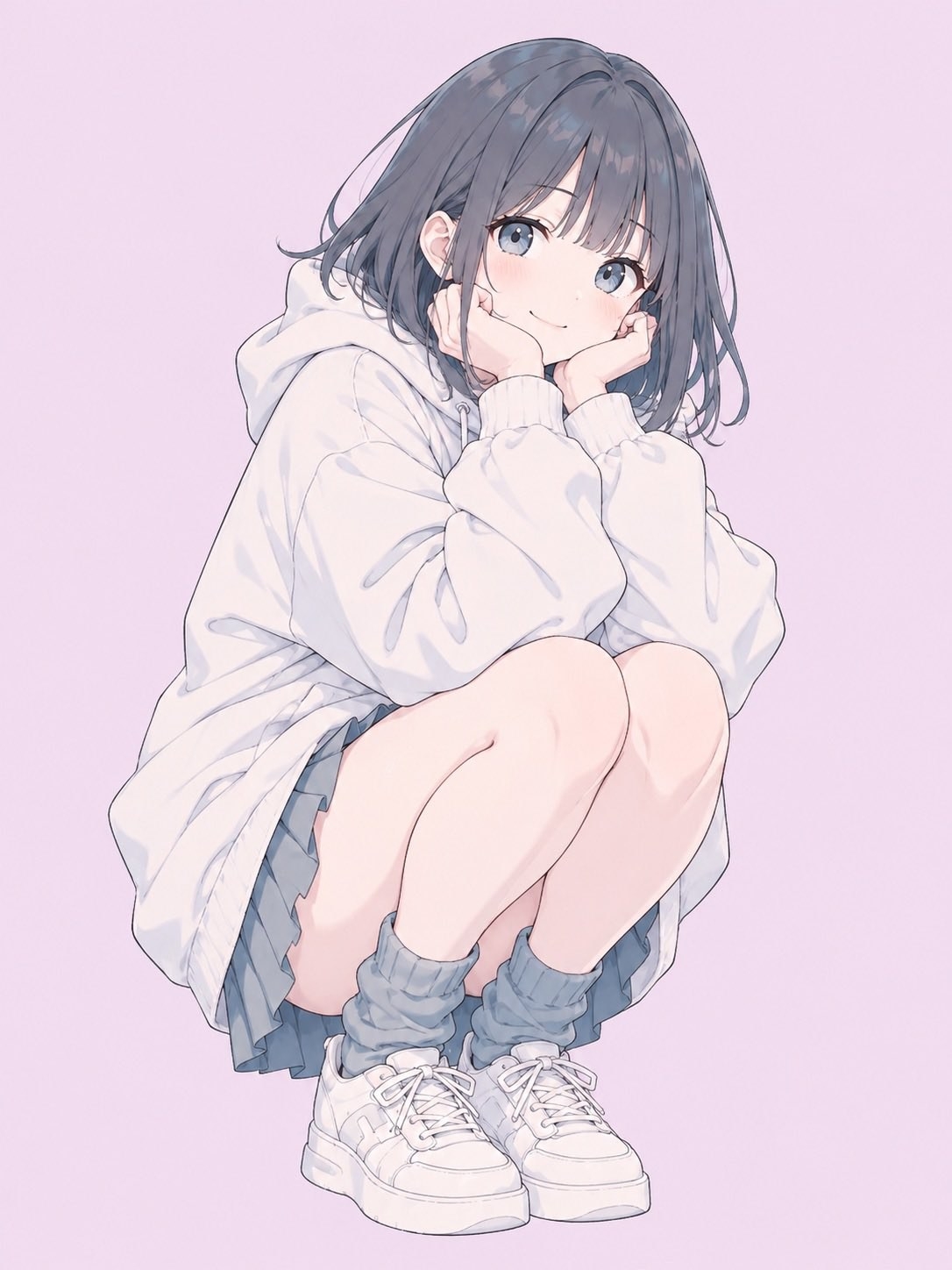 Une fille porte un hoodie blanc et une jupe plissée grise