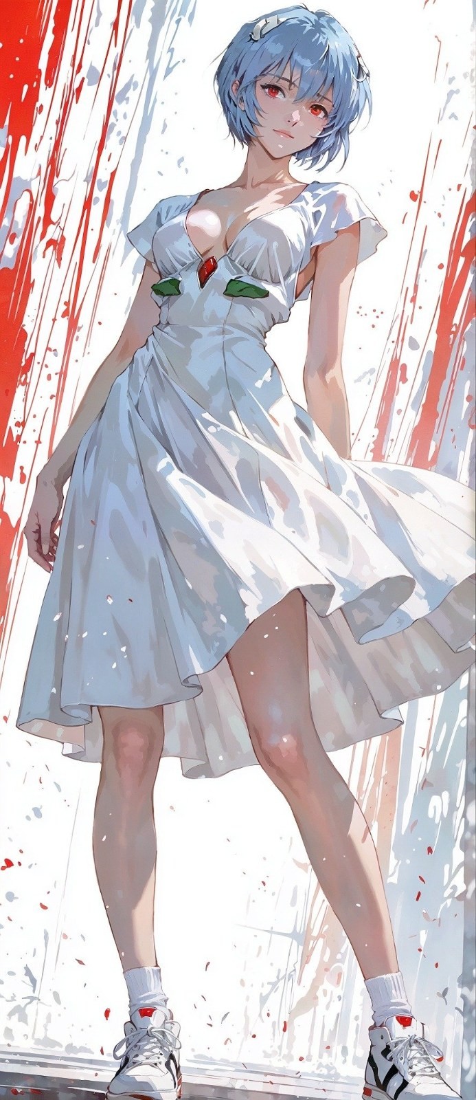 青い髪と赤い瞳の少女が白いVネックドレスを着ています