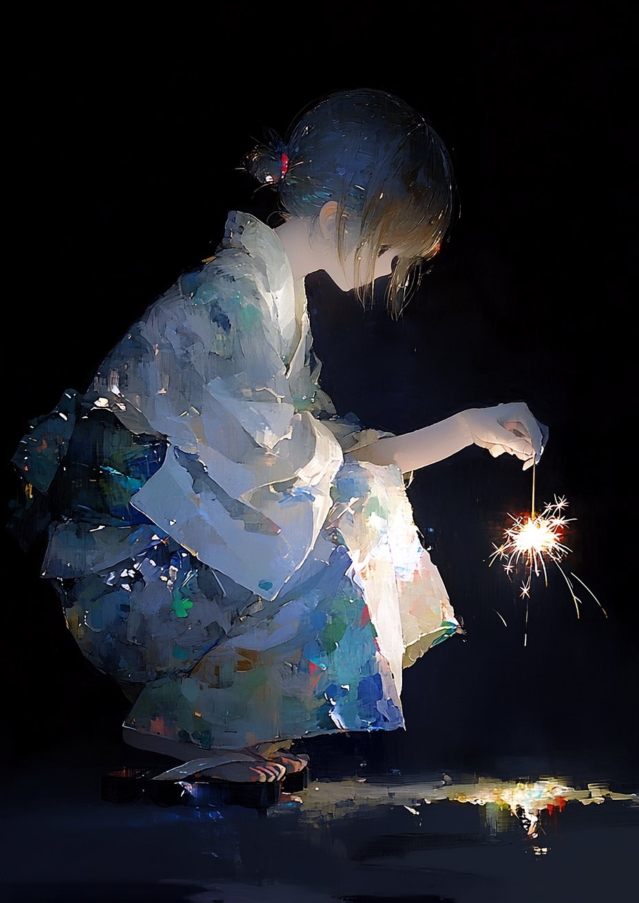 Anime girl wearing blue and white kimono holding a fairy wand with sparks