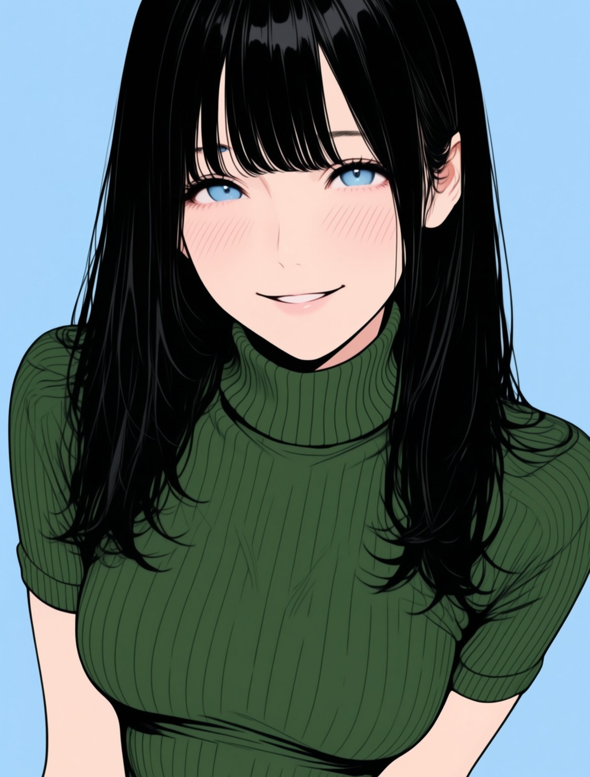 A bust portrait of a woman with black hair in Japanese anime style