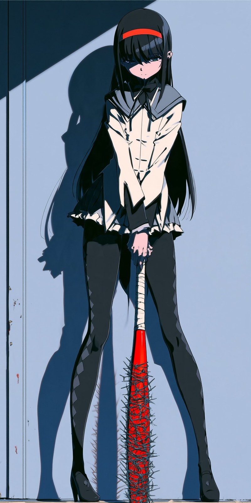一位黑长发动漫少女穿着水手领校服，手持红色棒球棍